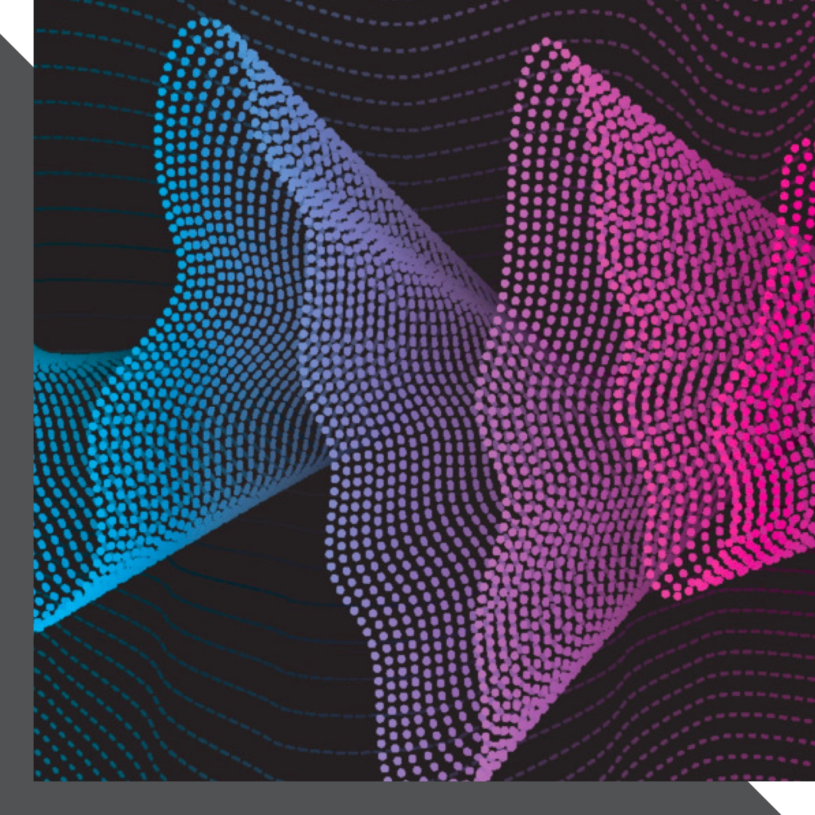 Abstract digital artwork featuring two intersecting wave-like structures composed of small dots. The structure on the left is composed of blue and green dots, while the structure on the right is made up of pink and purple dots, all set against a dark background.