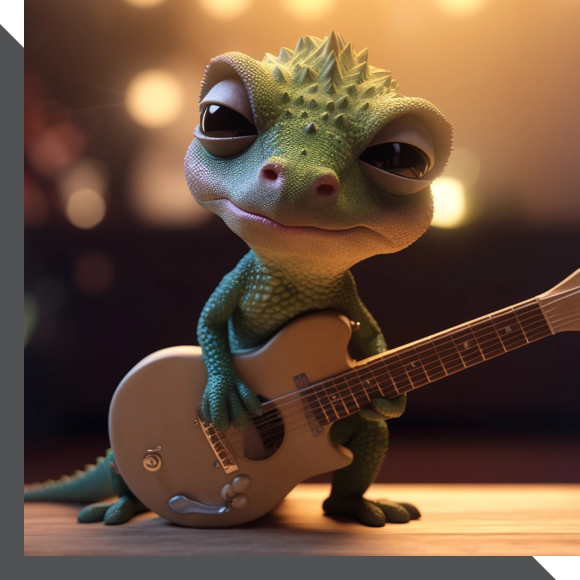 A digital rendering of a small, green chameleon standing upright and holding an electric guitar. The background is softly lit with a warm, golden glow, creating a cozy atmosphere. The chameleon has large eyes and a slightly textured, spiky head.