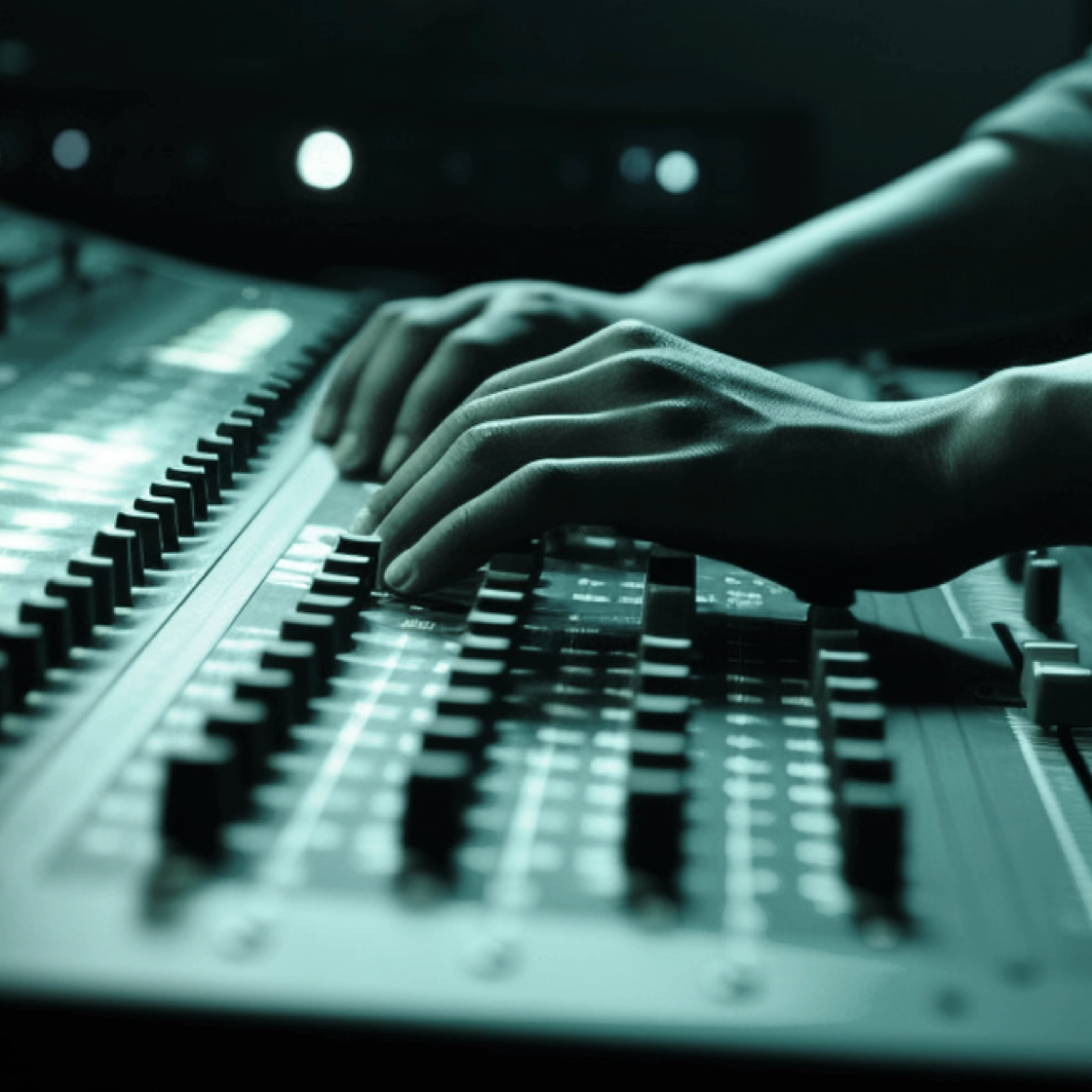 A pair of hands adjusts knobs and sliders on an audio mixing console. The image features a close-up view of the console, illuminated by soft, focused lighting, highlighting the details of the control panel and the hands operating it.